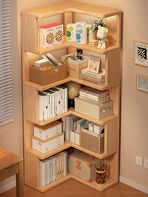 Solid Wood Corner Bookshelf Floor-Standing Storage Rack Living Room Corner Cabinet Wall Corner Storage Rack Simple Corner Multi-Layer Storage Bookcase