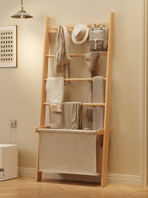 Solid Wood Floor-Standing Coat Rack, Simple and Modern Household Clothes Rack, Multi-Functional Storage Rack, Bedroom Bedside, Living Room