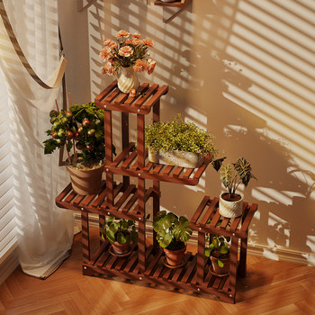 Solid Wood Multi-Layer Flower Stand, Floor-Standing Ladder-Type Plant Stand, Home Indoor Balcony Storage Rack, Retro Display Rack