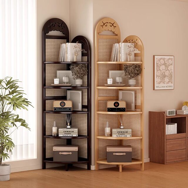 Corner Bookshelf, Floor-Standing Multi-Layer Bookcase, Retro Rattan Corner Cabinet, Living Room Wall-Mounted Storage Rack