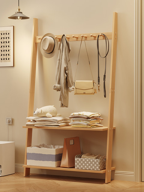 Solid Wood Floor-Standing Coat Rack, Simple and Modern Household Clothes Rack, Multi-Functional Storage Rack, Bedroom Bedside, Living Room