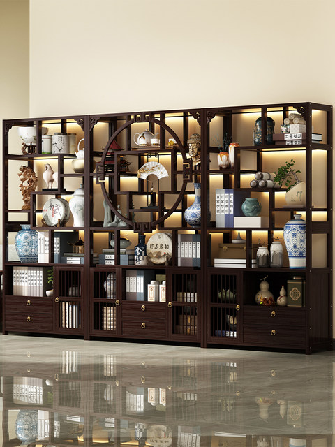 New Chinese-Style Integrated Floor-To-Ceiling Partition Shelf for Tea Room, Tobacco and Alcohol Display, Storage Rack, Office Tea Display Cabinet