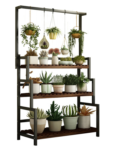 Solid Wood Flower Stand, Wrought Iron Storage Rack, Indoor Living Room Floor-Standing Hanging Orchid Balcony Wall-Mounted Flower Pot Rack