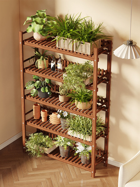 Solid Wood Multi-Layer Flower Stand, Balcony Floor-Standing Plant Stand, Living Room Indoor Green Plant Stand, Simple Household Flower Pot Storage Rack