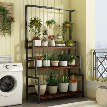 Solid Wood Flower Stand, Wrought Iron Storage Rack, Indoor Living Room Floor-Standing Hanging Orchid Balcony Wall-Mounted Flower Pot Rack