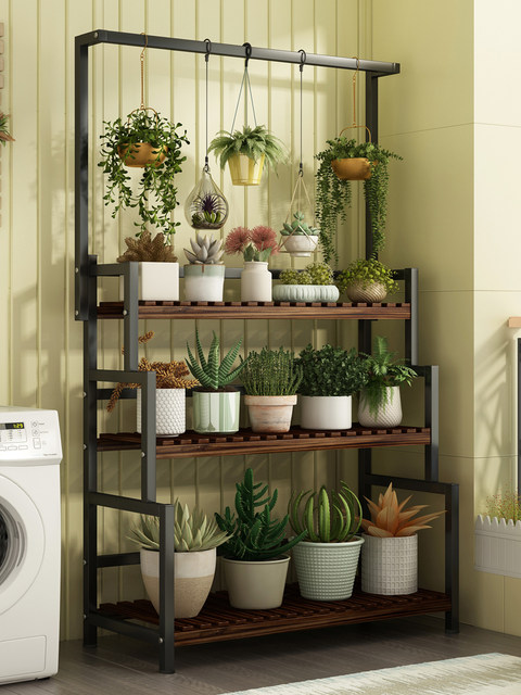 Solid Wood Flower Stand, Wrought Iron Storage Rack, Indoor Living Room Floor-Standing Hanging Orchid Balcony Wall-Mounted Flower Pot Rack