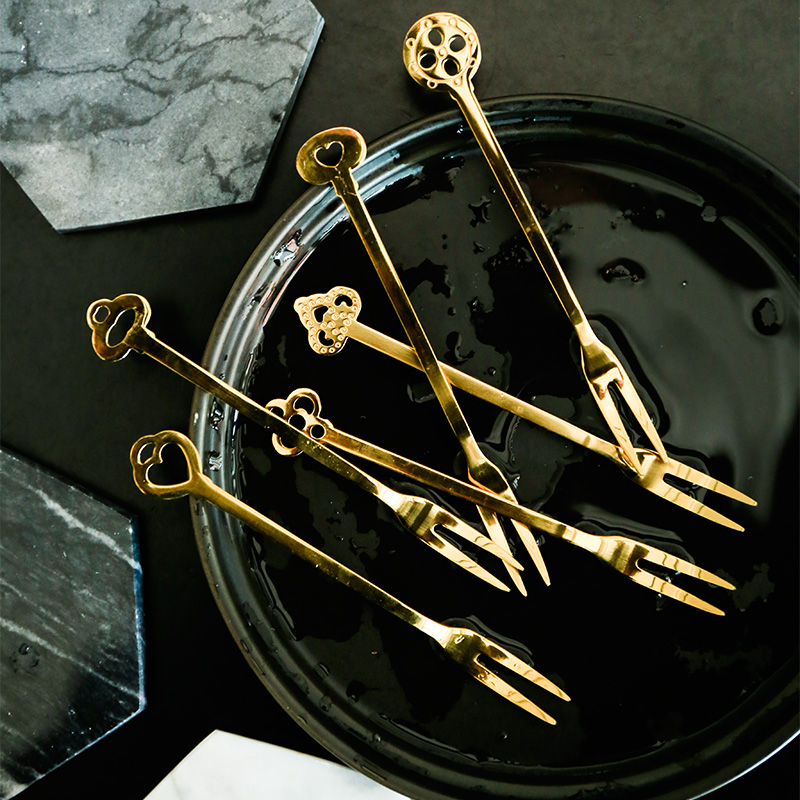 Wooden household fruit fork 304 stainless steel golden fork two-tooth fruit stick fruit stick cake dessert fork