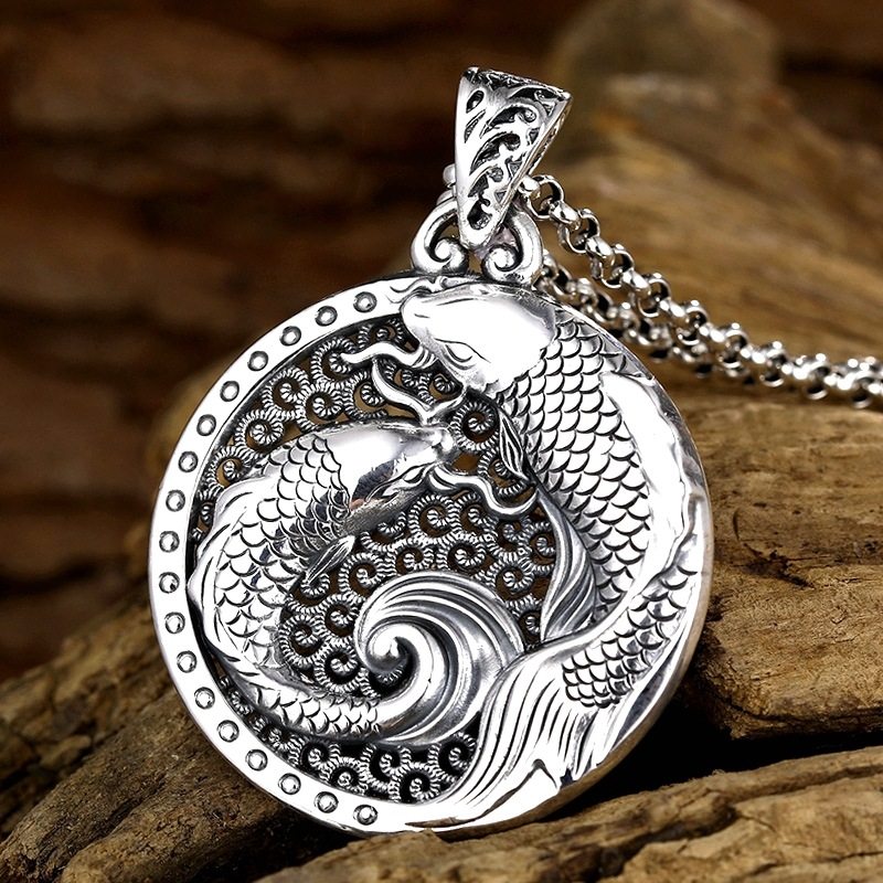 Pure silver such as fish to be made from water to transport brocade carp pendant male and female lovers Necklace Retro Wind National Tide Pendant bifacial-Taobao