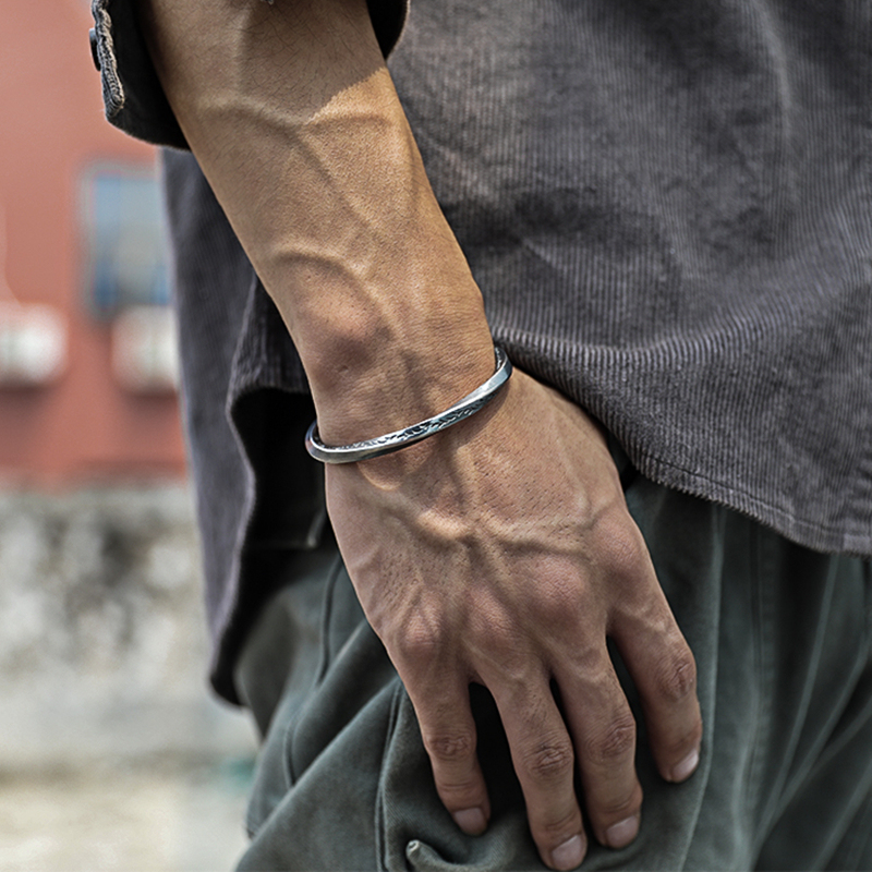 Auspicious Mobius Strip Tang Grass Pattern Viking Battle Bracelet Pure Silver Bangle Men's Trendy Vintage Adjustable