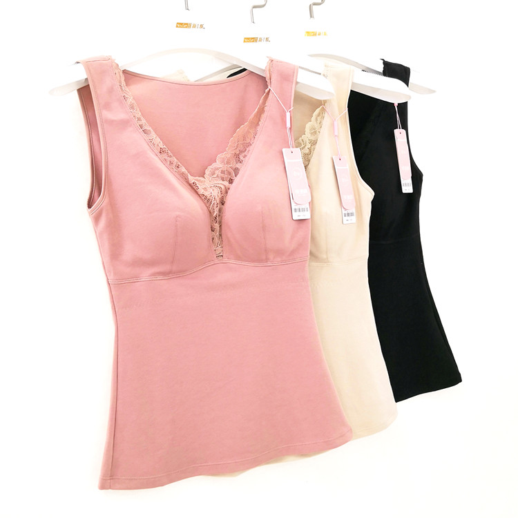 Ziyan thermos cup 7031 female lace V-neck brushed plush with chest pad support chest without wearing bra warm single-piece vest