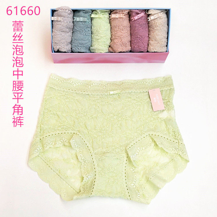 Secret language six-pack ladies skin-friendly cotton-feeling bubble lace pure cotton bottom file mid-waist boxer 61659 61660