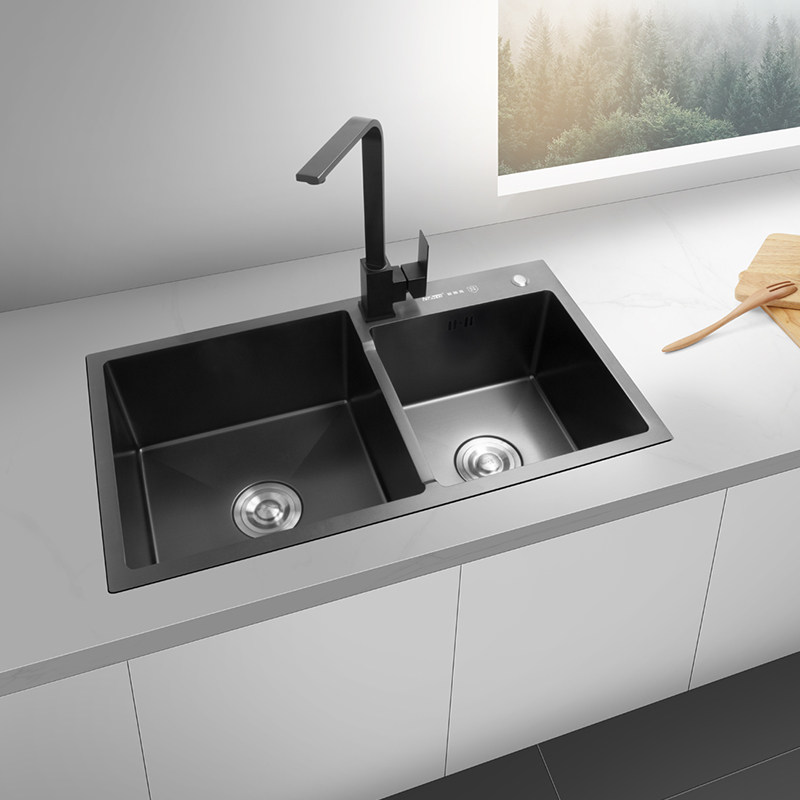 Rusk Kitchen Sink Double Sink Lower Basin Stainless Steel Thickened Artisanal Dishwashing Vegetable Pool Nanoblack Household