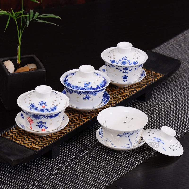 Exquisite blue and white porcelain GaiWanCha ceramics prepared three kung fu tea tea cup to bowl bowl teapot teacup