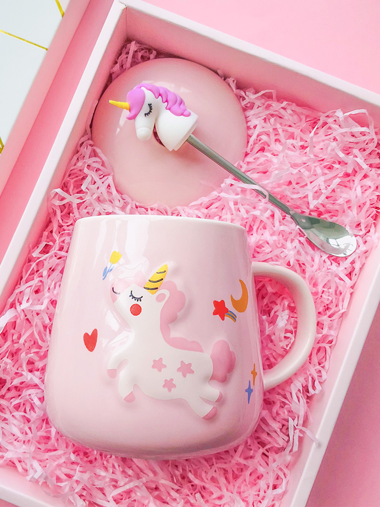 Super cute unicorn Ceramic mug with lid spoon coffee Cute water cup Couple creative girl New Year gift