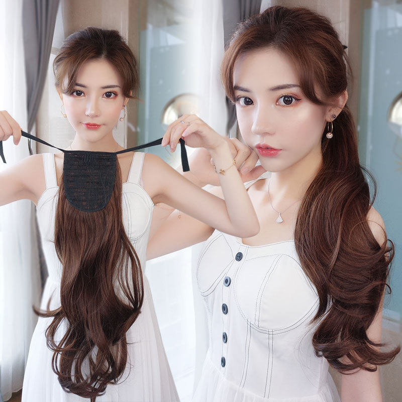 Low-ponytail wig female strap-type realistic and fake wave long tail long tail tail temperament medium and long curl hair