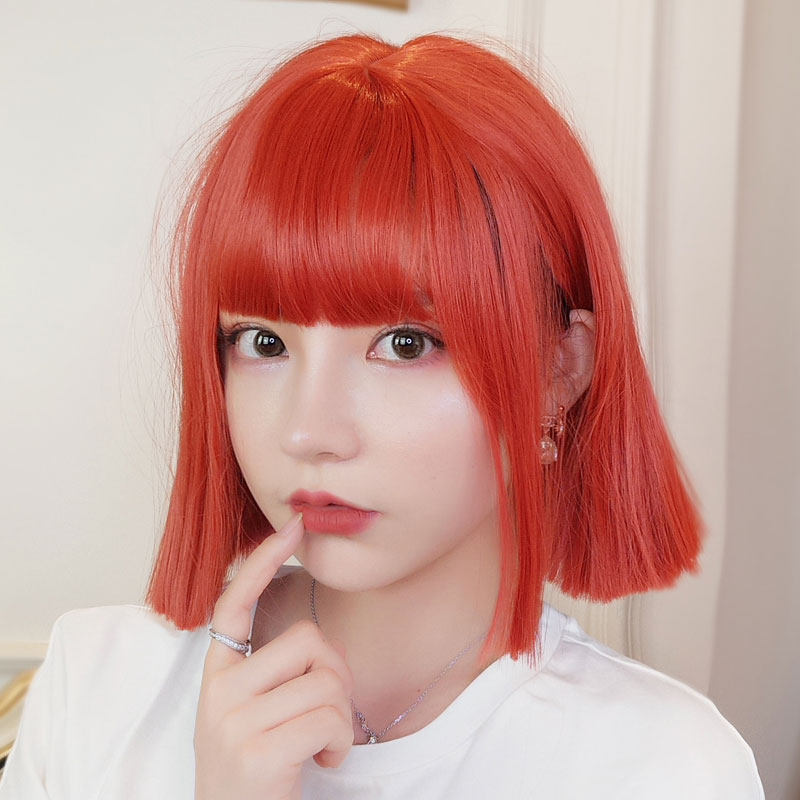 Wig Woman Short Hair Natural realistic air false Sea Watermelon Red Short Straight Hair Personality Net Red Full Head Style Wig Sleeve