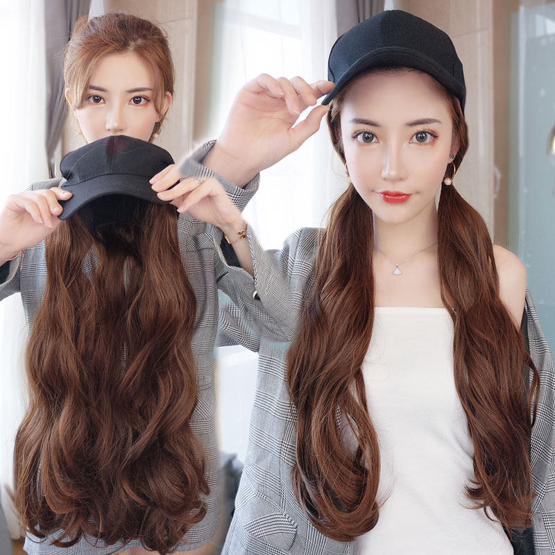 Wig women long hair hat integrated summer long curls big waves fluffy realistic natural net red fashion full hood