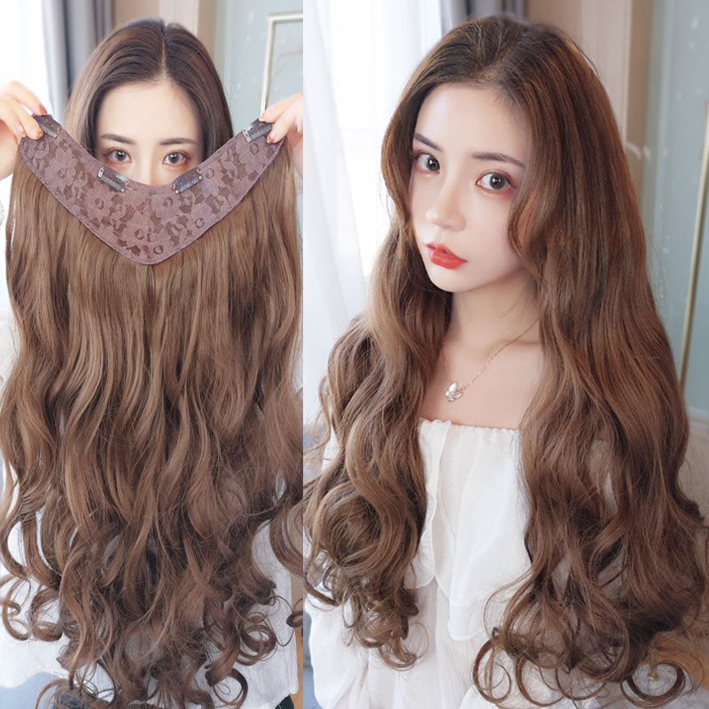 Wig piece Female long curly hair Big wave One piece U-shaped wig set Net red natural incognito overhead hair extension v