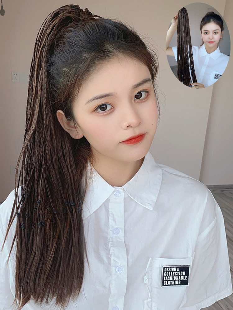 Net red black high ponytail wig female straight hair natural clip-on ultra-light hip-hop ponytail medium long hair