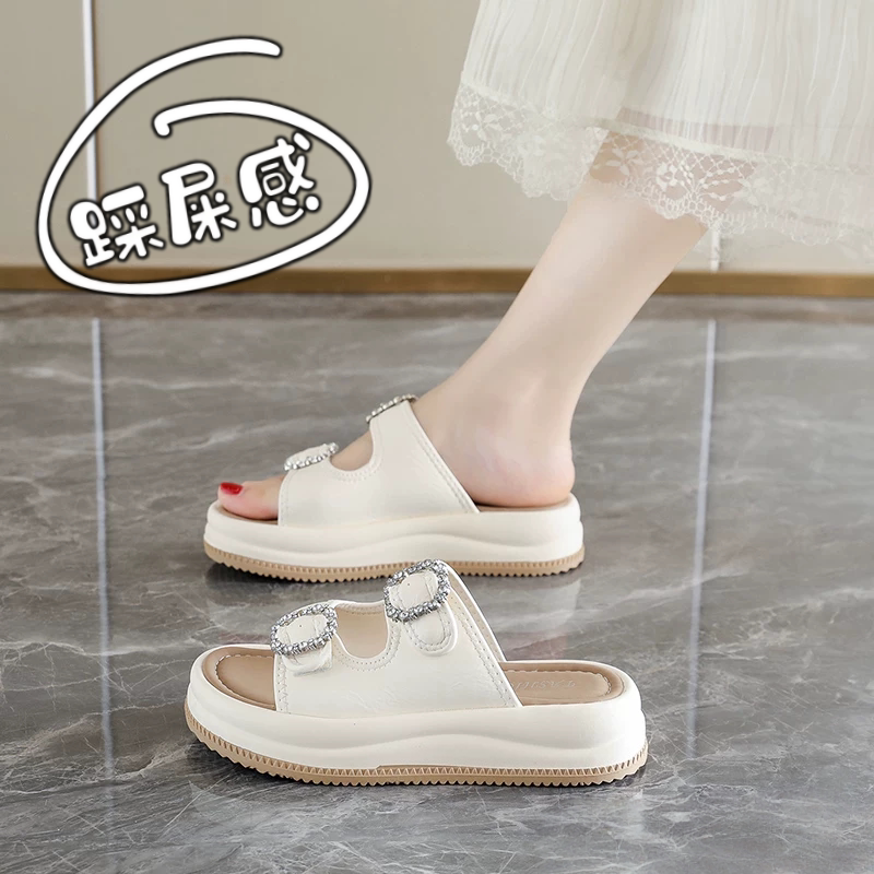 Genuine Leather Thick-Soled Height-Increasing Slip-On Sandals for Women, Summer 2026 New Fairy-Style Beach Vacation Rhinestone Non-Slip Slippers Genuine Leather Thick-Soled Height-Increasing Slip-On Sandals for Women, Summer 2026 New Fairy-Style Beach Vacation Rhinestone Non-Slip Slippers