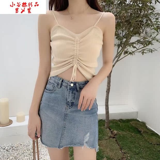 Học sinh nữ mùa hè Phiên bản Hàn Quốc của dây rút tự tu luyện phơi bày rốn đan dây rốn mặc áo vest cổ chữ v - Áo ba lỗ quần thể thao nữ