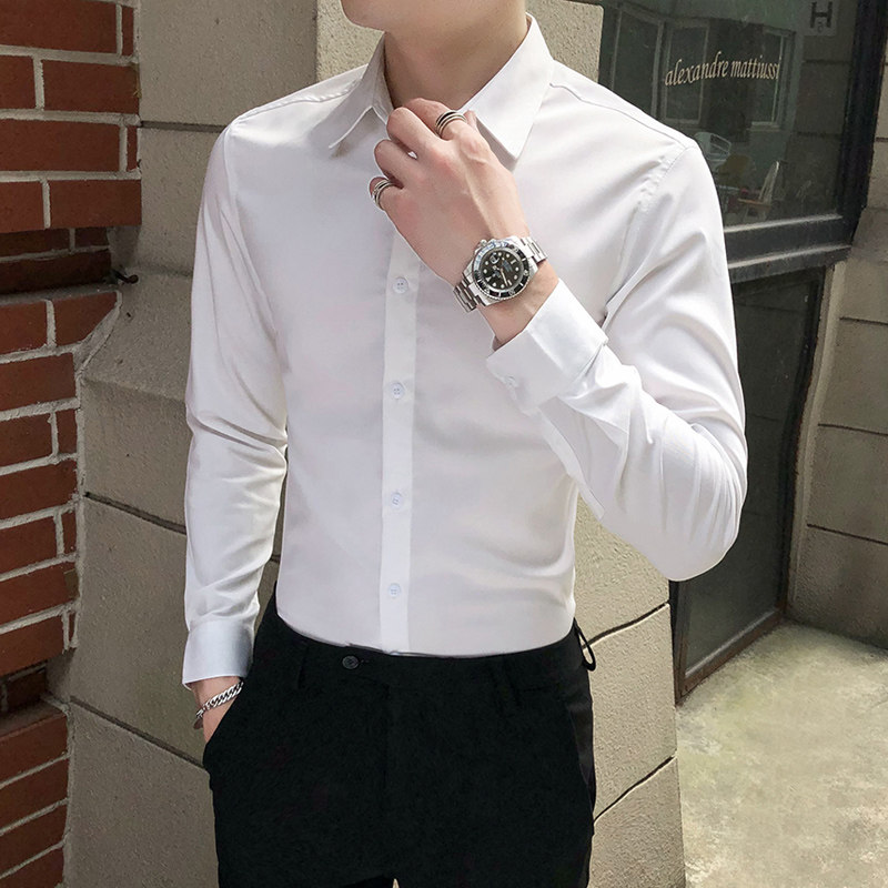 韩版修身长袖衬衫男士帅气灰色衬衣男休闲正装潮流时尚商务男装寸