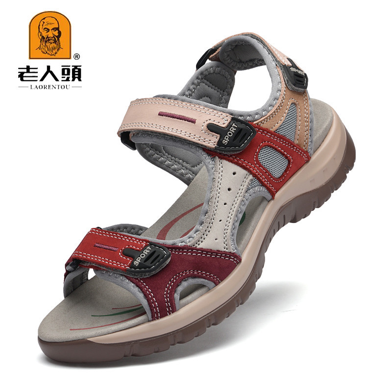Elderly Women's Beach Shoes 2024 Summer New Style First Layer Cowhide Soft Sole Lightweight Outdoor Velcro Women's Sandals