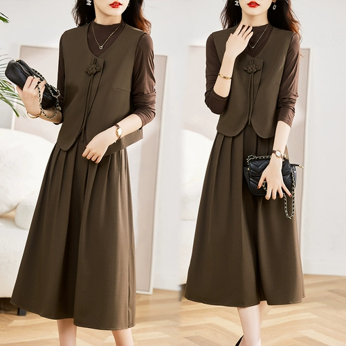 Осенний жилет, весеннее осеннее платье, ретро лонгслив для отдыха, комплект, в западном стиле, 3 предмета