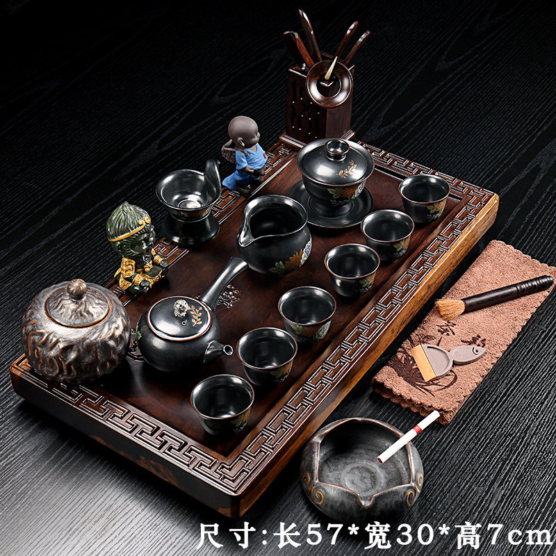 Zhibai ebony solid wood tea set set Household ceramic tea pot Simple Kung Fu tea tea set Tea tray