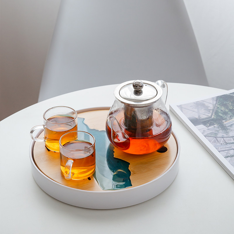 Kung Fu tea set Household set of heat-resistant glass tea maker Flower tea cup Fruit teapot Bamboo melamine tea tray