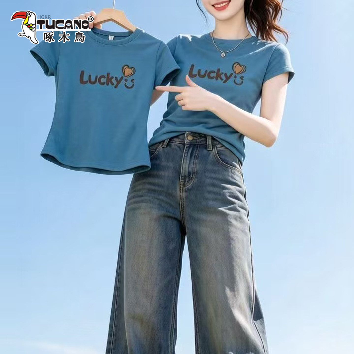 啄木鸟海蓝色显白短袖t恤女夏新款显瘦圆领套头印花时尚洋气上衣