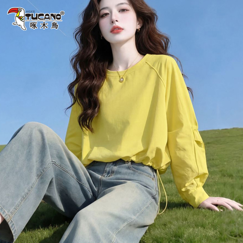 Woodpecker Dopamine Yellow Round Neck Long-Sleeve T-Shirt for Women, Loose Drawstring Hem, Slimming Niche Design Top for Women Woodpecker Dopamine Yellow Round Neck Long-Sleeve T-Shirt for Women, Loose Drawstring Hem, Slimming Niche Design Top for Women