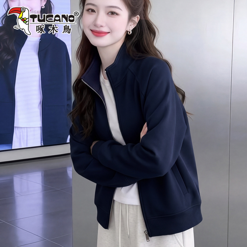 Woodpecker Casual Style Stand-Up Collar Cardigan Sweatshirt for Women, Autumn 2026 New Short Jacket, Fashionable and Versatile Slimming Jacket