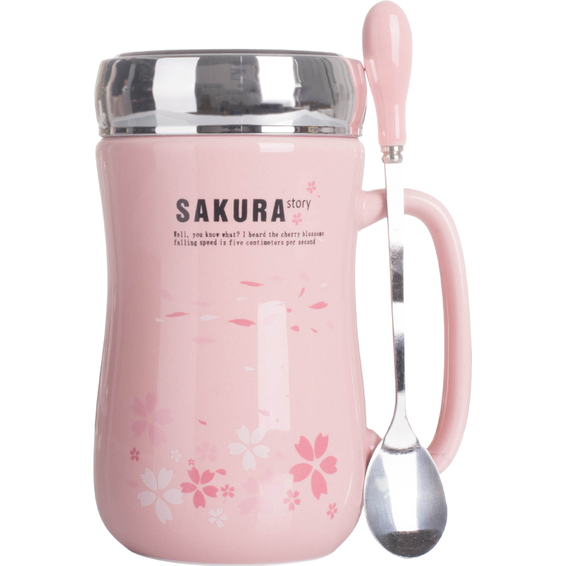 Mark cup with cover spoon individuality creative trend tea house getting water glass ceramic coffee cup Japanese cherry blossom put cup