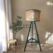 Ancient small fish solid wood rattan floor lamp hostel hotel creative bedside decorative lamp Korea ins wind rattan furniture
