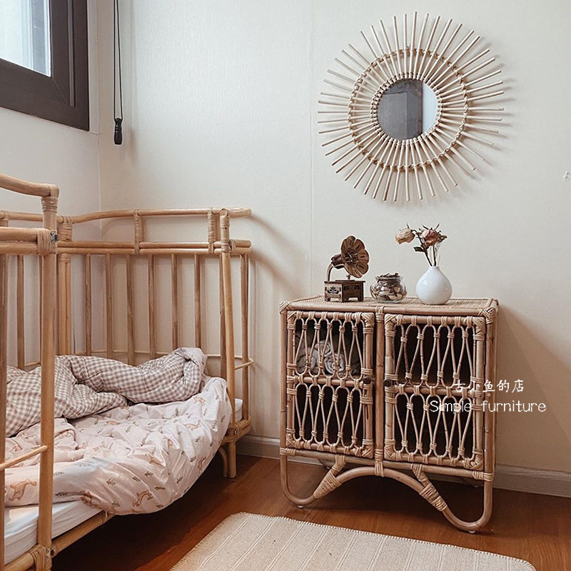 Ancient small fish rattan bedside table Nordic wind bedroom installation-free storage small cabinet mini mini storage cabinet