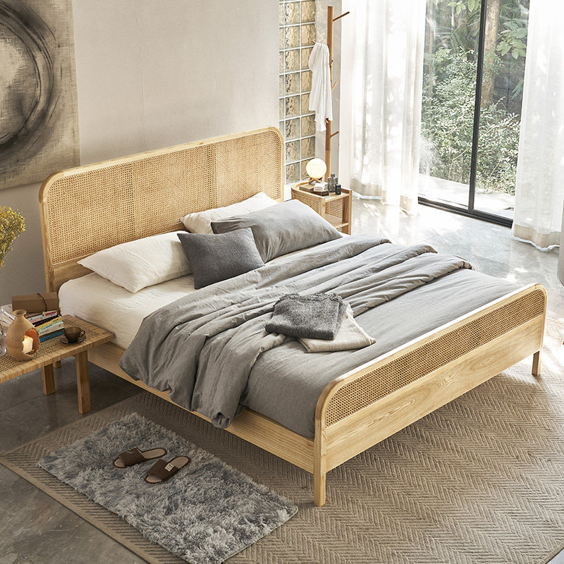 Ancient fish Nordic solid wood bed hotel homestay master bed Japanese rattan bed designer 1.8 meters double bed