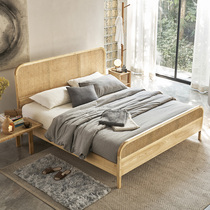 Ancient small fish Nordic solid wood bed hotel hostel master bed Japanese rattan bed designer 18 m double bed