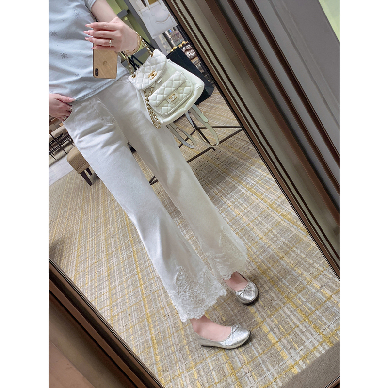 Fish Rabbit's Rabbit High-Waisted Flared Jeans for Women, Summer 2026 New Lace Splicing White Long Pants