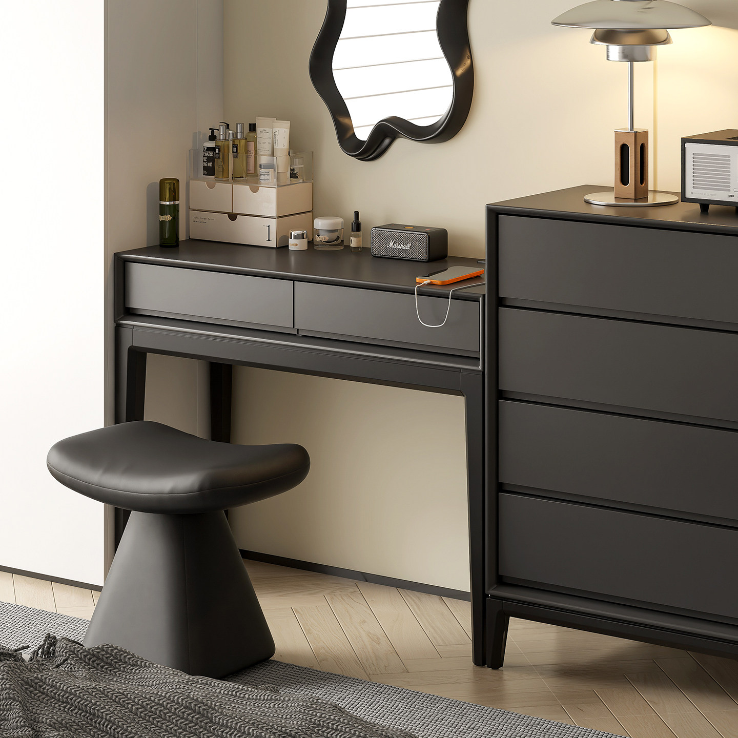 Italian minimalist solid wood dressing table, high-end gray 0.8m modern minimalist makeup table, bedroom INS style, Nordic style
