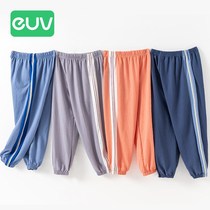 euv Childrens anti-mosquito pants Cotton hemp boys and girls ice silk thin pants Medium and large childrens summer lantern cotton silk pants