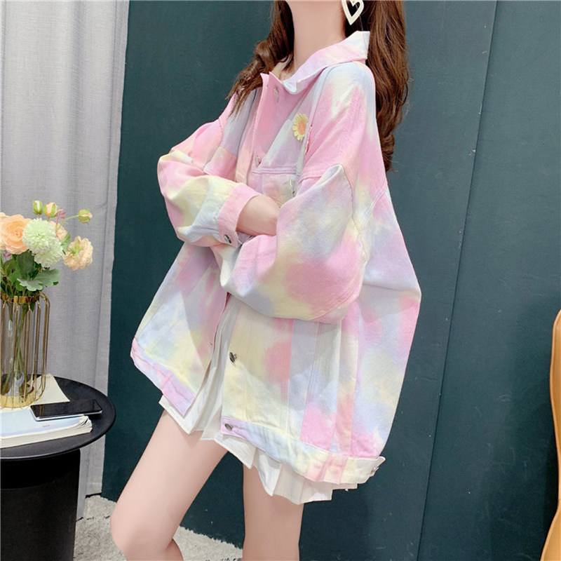 Colorful Tie-Dye Denim Jacket for Women 2024 Spring and Autumn New Korean Style Petite Versatile Loose Jacket Top