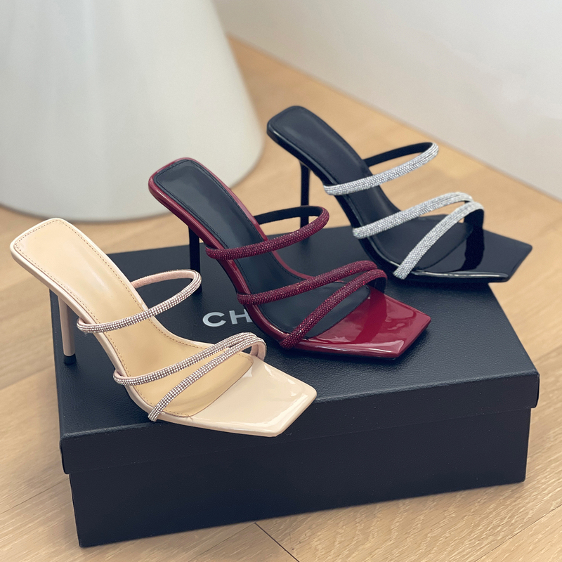 Yang Shulin's Same Style Nude Rhinestone High-Heeled Shoes for Women, 2026 Summer New Model, Thin Heel, Single Strap, Open-Toe, Elegant Sandals