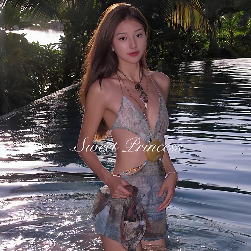 Siren ins Retro Tribal Style Vacation Sexy Hot Girl Bikini Long Dress Three-Dimensional Shell High-End Niche
