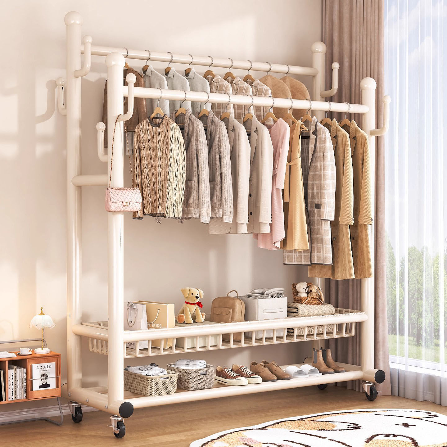 German Double-Rod Coat Rack, Household Floor-Standing Multi-Functional Bedroom Movable Clothes Rack, Thickened Simple Storage Rack