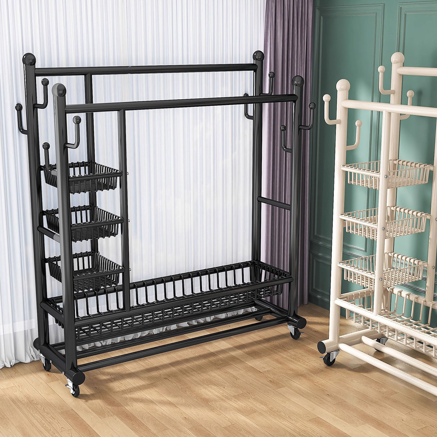 German Double-Rod Coat Rack, Household Floor-Standing Multi-Functional Bedroom Movable Clothes Rack, Thickened Simple Storage Rack