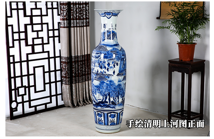 Jingdezhen ceramic large ground blue and white porcelain vase painting modern new Chinese style living room decoration clear furnishing articles