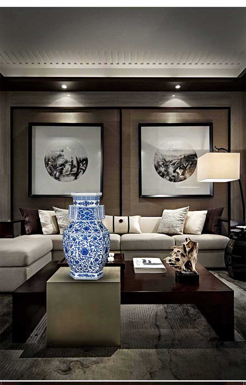 Jingdezhen ceramics mesa blue and white porcelain vase bound branch lotus ears six sides square bottle of traditional Chinese style living room decoration