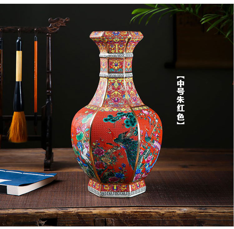 Jingdezhen ceramic colored enamel vase six sides antique Chinese flower arranging rich ancient frame home decoration furnishing articles sitting room