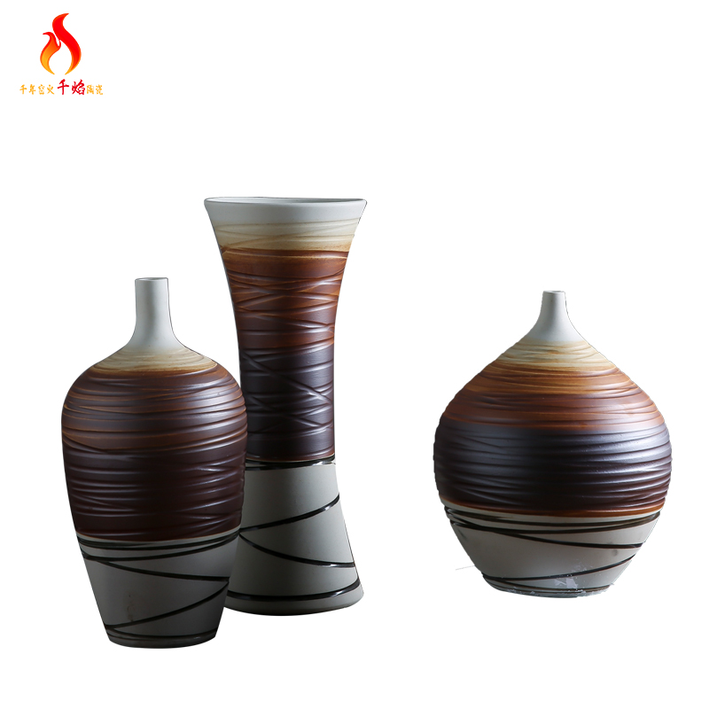 Mesa vase dry flower arrangement sitting room coffee stripe restoring ancient ways of jingdezhen ceramics coarse pottery decorative furnishing articles three - piece suit